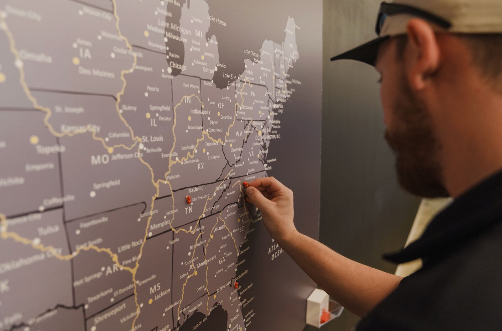 Monty's franchise owner pinning locations on US map