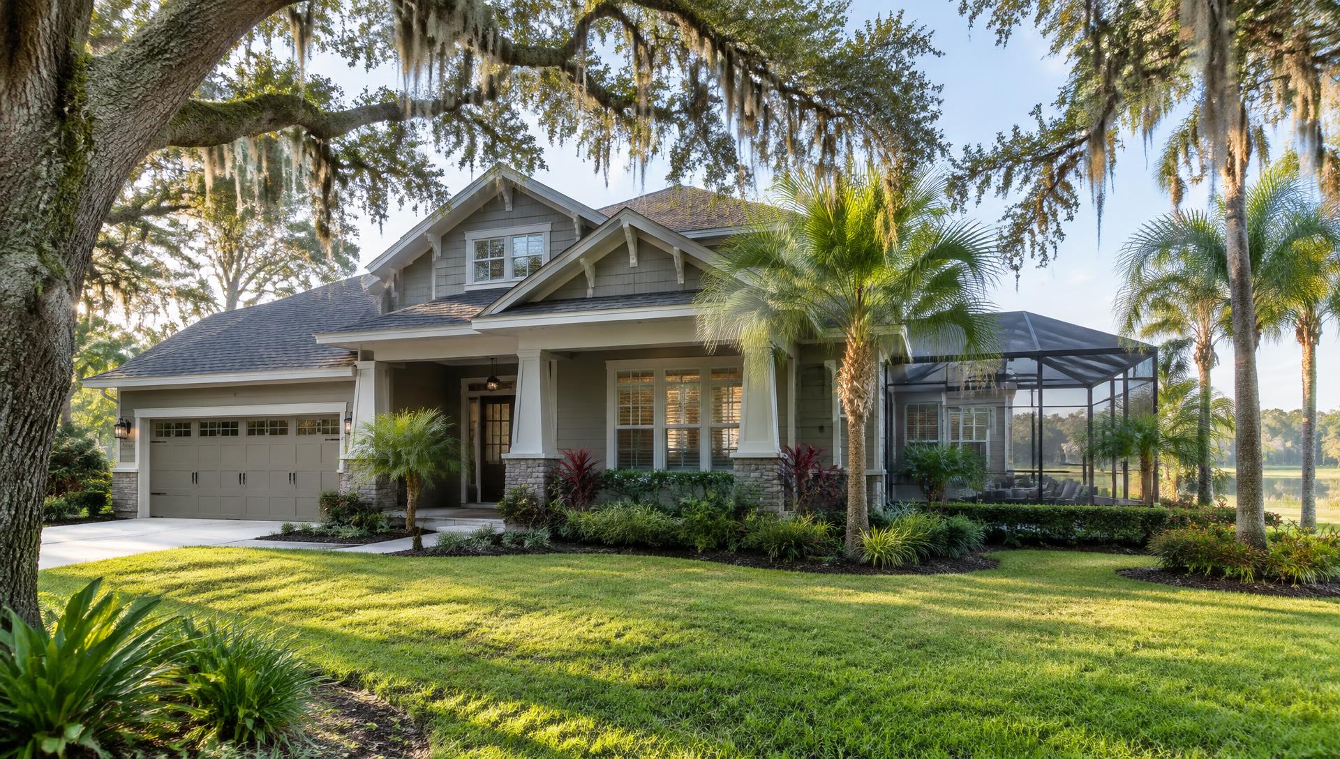 Craftsman home with oak trees and palms in Orlando, Florida
